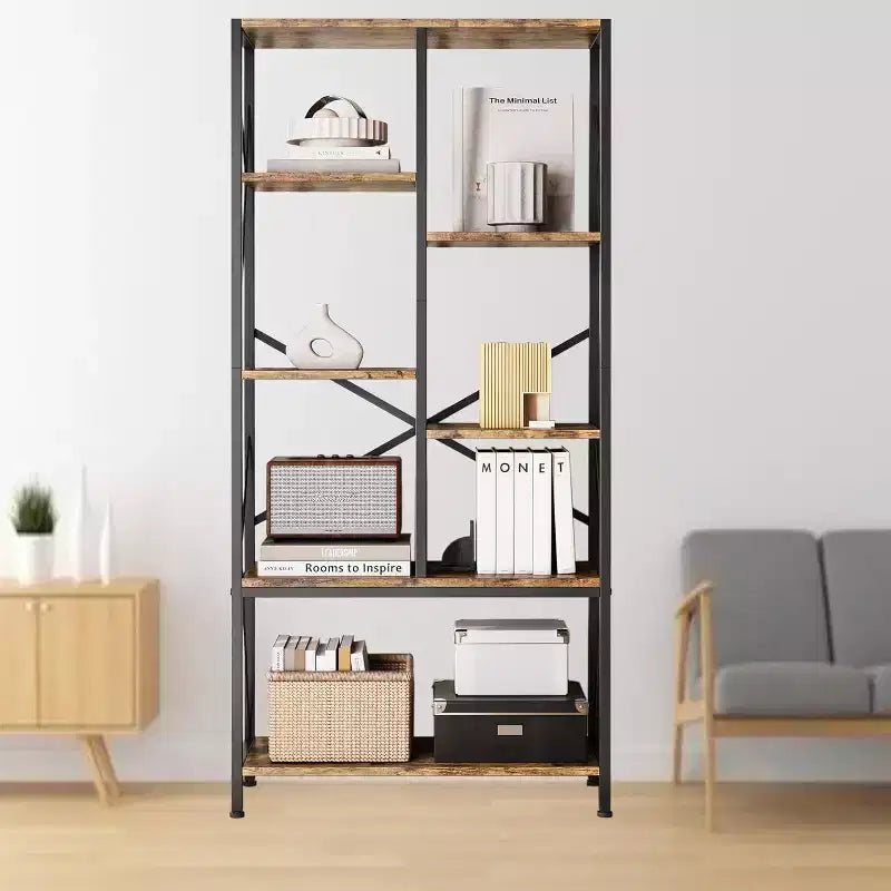 Acekool 5-Tier Industrial Bookcase, 69.5 Rustic Display Shelf with 7 Open Shelves for Living Room, Bedroom, Home Office