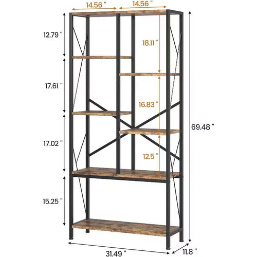 Étagère industrielle à 5 niveaux, étagère rustique de présentation de 176,5 cm avec 7 étagères ouvertes pour salon, chambre, bureau à domicile