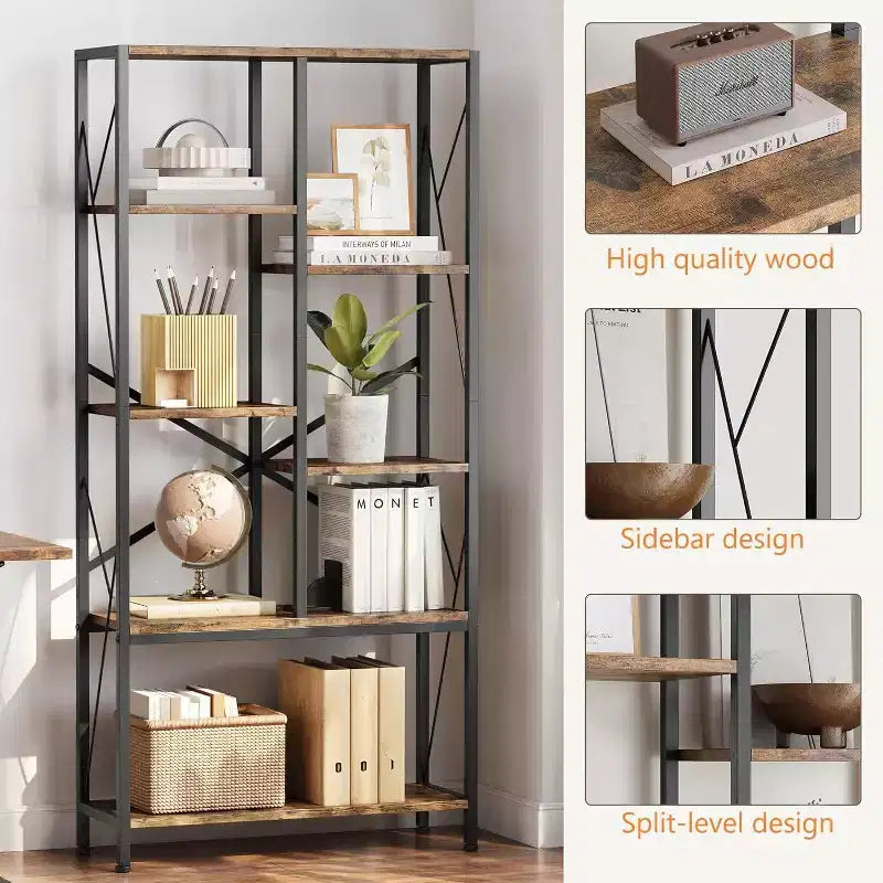 Étagère industrielle à 5 niveaux, étagère rustique de présentation de 176,5 cm avec 7 étagères ouvertes pour salon, chambre, bureau à domicile