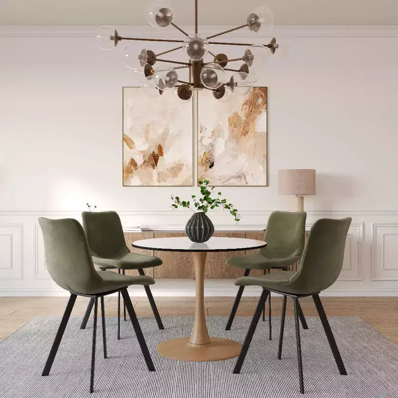 Table à manger ronde – Dessus en MDF avec piédestal en acier et bois naturel, Table de cuisine et de salle à manger moderne, Table d'appoint