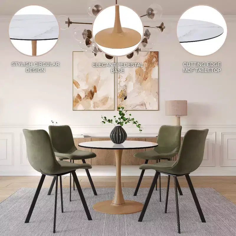 Table à manger ronde – Dessus en MDF avec piédestal en acier et bois naturel, Table de cuisine et de salle à manger moderne, Table d'appoint