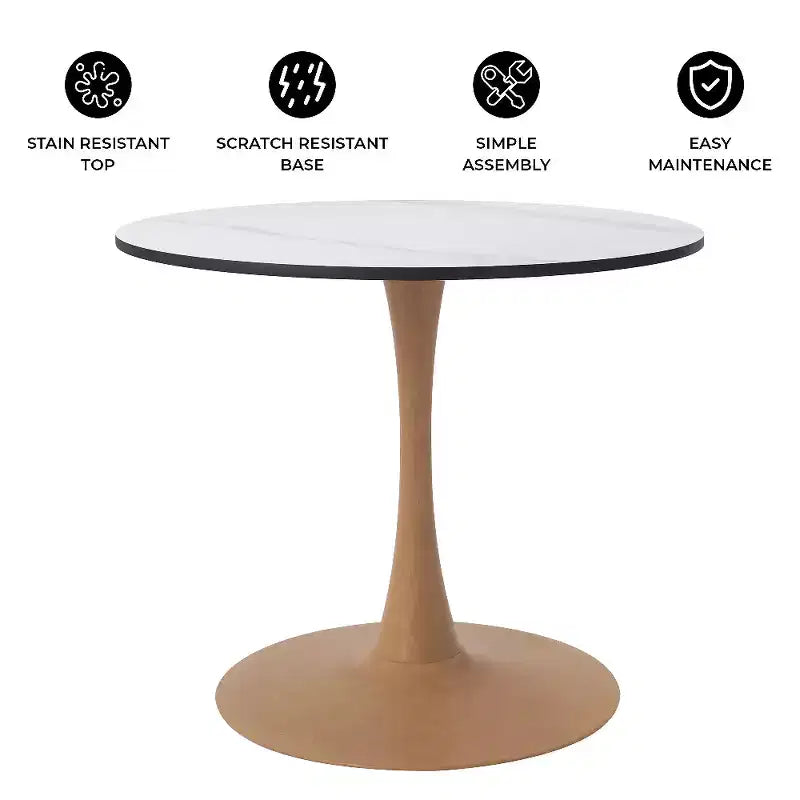 Table à manger ronde – Dessus en MDF avec piédestal en acier et bois naturel, Table de cuisine et de salle à manger moderne, Table d'appoint