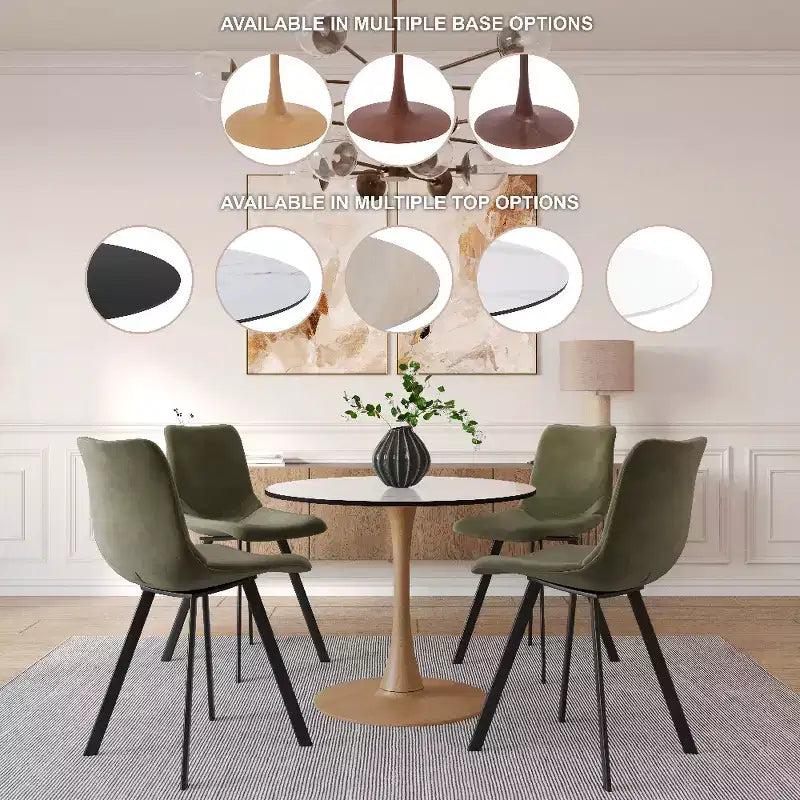 Table à manger ronde – Dessus en MDF avec piédestal en acier et bois naturel, Table de cuisine et de salle à manger moderne, Table d'appoint