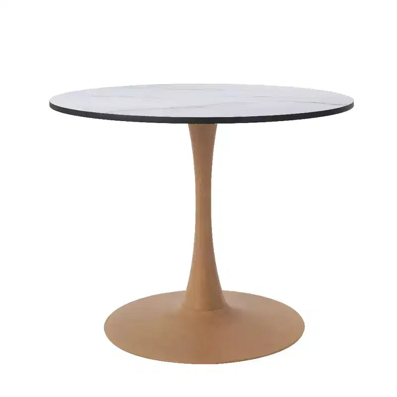 Table à manger ronde – Dessus en MDF avec piédestal en acier et bois naturel, Table de cuisine et de salle à manger moderne, Table d'appoint