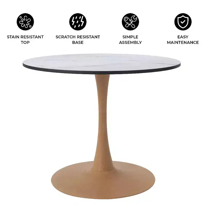 Table à manger ronde – Dessus en MDF avec piédestal en acier et bois naturel, Table de cuisine et de salle à manger moderne, Table d'appoint