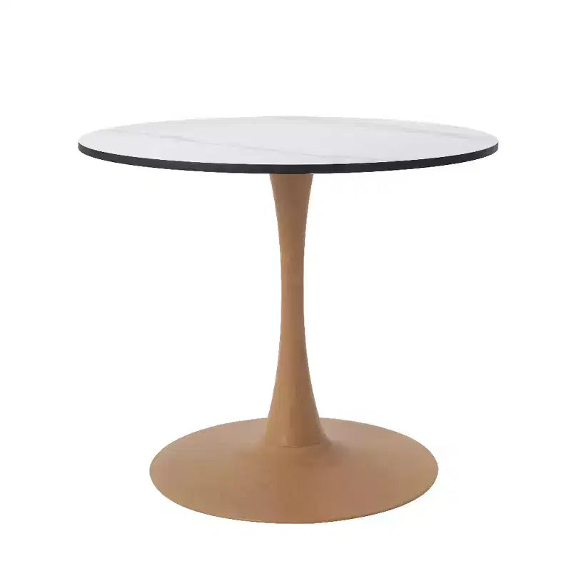 Table à manger ronde – Dessus en MDF avec piédestal en acier et bois naturel, Table de cuisine et de salle à manger moderne, Table d'appoint