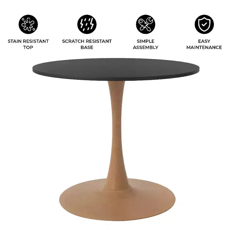 Table à manger ronde – Dessus en MDF avec piédestal en acier et bois naturel, Table de cuisine et de salle à manger moderne, Table d'appoint