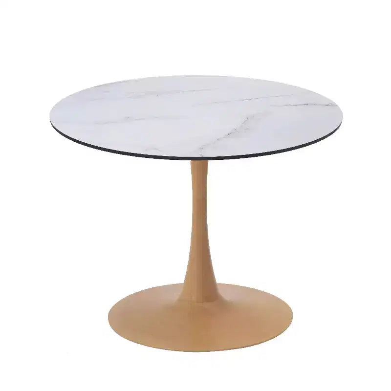 Table à manger ronde – Dessus en MDF avec piédestal en acier et bois naturel, Table de cuisine et de salle à manger moderne, Table d'appoint