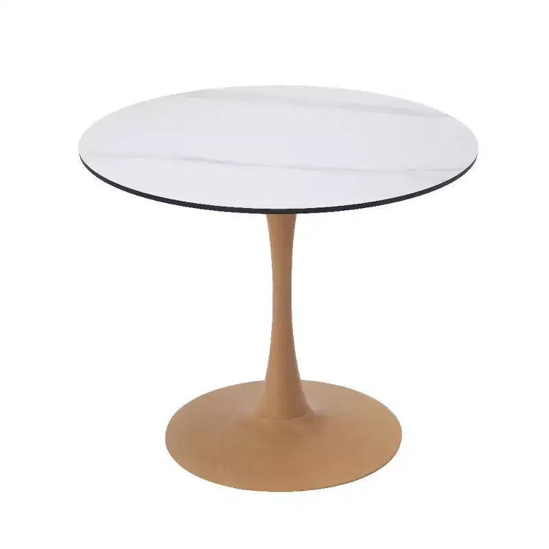 Table à manger ronde – Dessus en MDF avec piédestal en acier et bois naturel, Table de cuisine et de salle à manger moderne, Table d'appoint