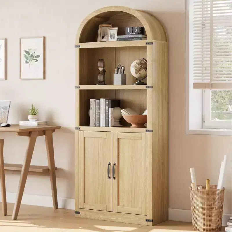 GustoWave Bookcase with Doors Arched Bookshelf 71.65in Tall Bookcase Farmhouse Cabinet with Shelves Wooden Bookshelves for Home Office