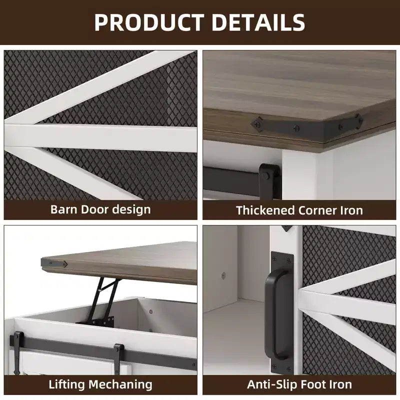 Table basse multifonctionnelle de style ferme avec plateau relevable, porte coulissante de grange, compartiment de rangement caché, table à manger convertible et étagère réglable