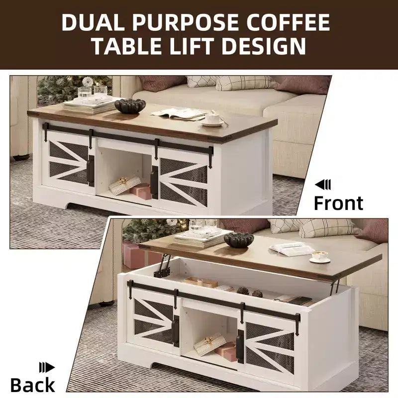 Table basse multifonctionnelle de style ferme avec plateau relevable, porte coulissante de grange, compartiment de rangement caché, table à manger convertible et étagère réglable