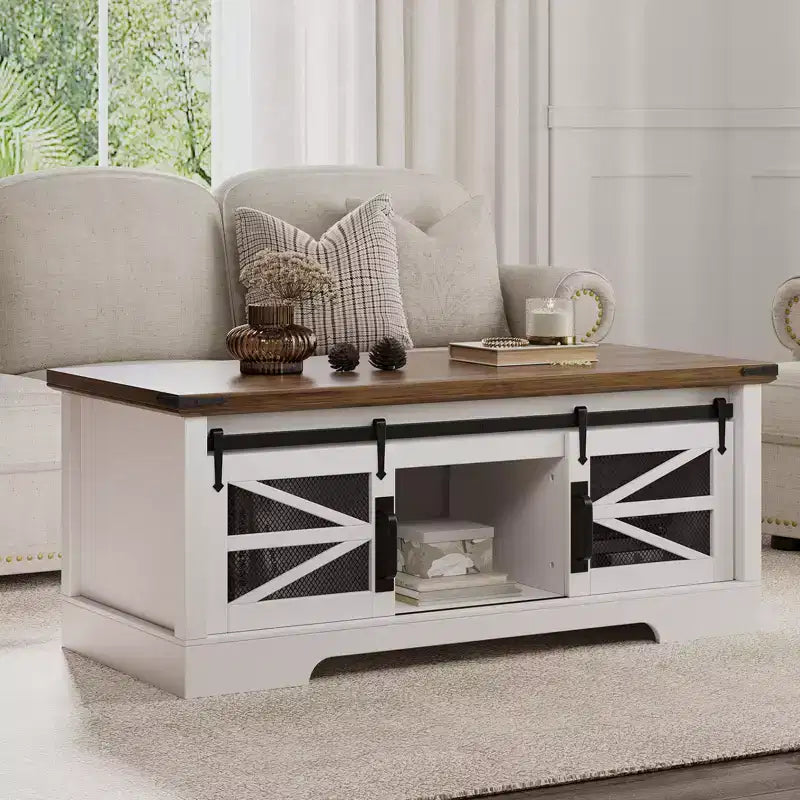 Table basse multifonctionnelle de style ferme avec plateau relevable, porte coulissante de grange, compartiment de rangement caché, table à manger convertible et étagère réglable
