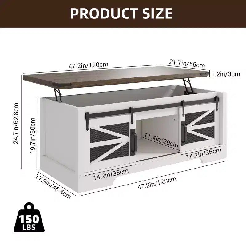 Table basse multifonctionnelle de style ferme avec plateau relevable, porte coulissante de grange, compartiment de rangement caché, table à manger convertible et étagère réglable
