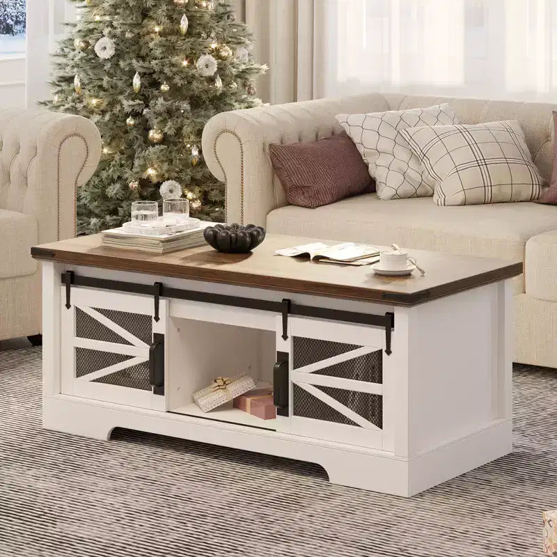Table basse multifonctionnelle de style ferme avec plateau relevable, porte coulissante de grange, compartiment de rangement caché, table à manger convertible et étagère réglable