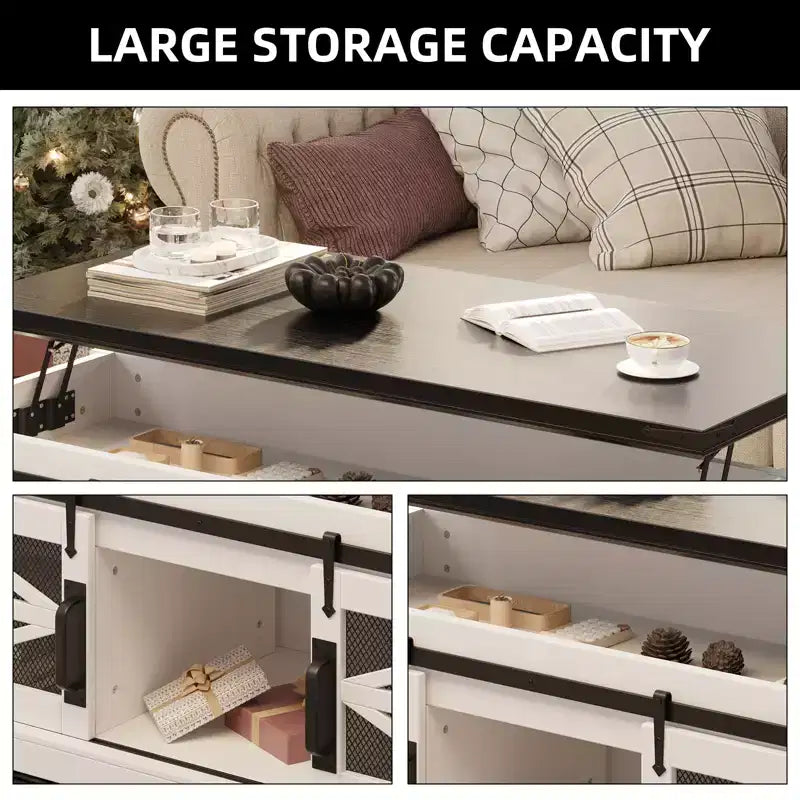 Table basse multifonctionnelle de style ferme avec plateau relevable, porte coulissante de grange, compartiment de rangement caché, table à manger convertible et étagère réglable