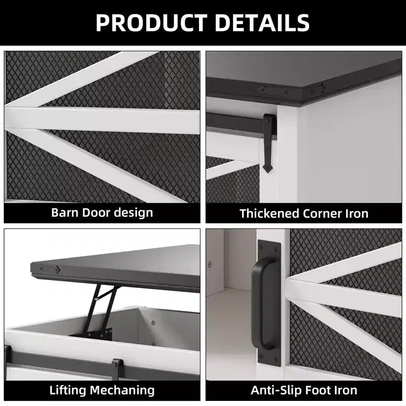 Table basse multifonctionnelle de style ferme avec plateau relevable, porte coulissante de grange, compartiment de rangement caché, table à manger convertible et étagère réglable