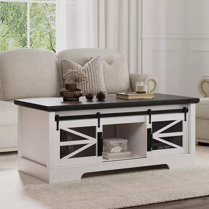 Table basse multifonctionnelle de style ferme avec plateau relevable, porte coulissante de grange, compartiment de rangement caché, table à manger convertible et étagère réglable