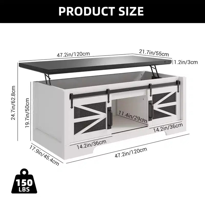 Table basse multifonctionnelle de style ferme avec plateau relevable, porte coulissante de grange, compartiment de rangement caché, table à manger convertible et étagère réglable