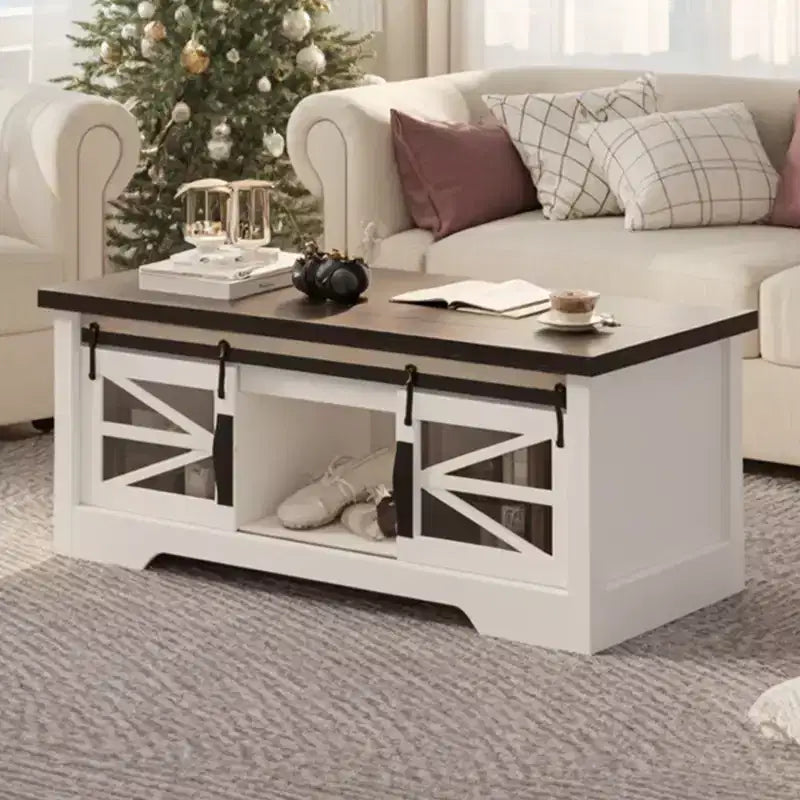 Table basse multifonctionnelle de style ferme avec plateau relevable, porte coulissante de grange, compartiment de rangement caché, table à manger convertible et étagère réglable