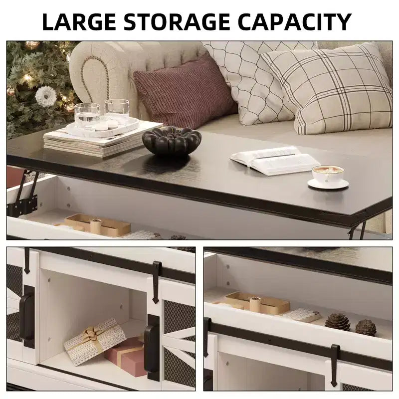 Table basse multifonctionnelle de style ferme avec plateau relevable, porte coulissante de grange, compartiment de rangement caché, table à manger convertible et étagère réglable