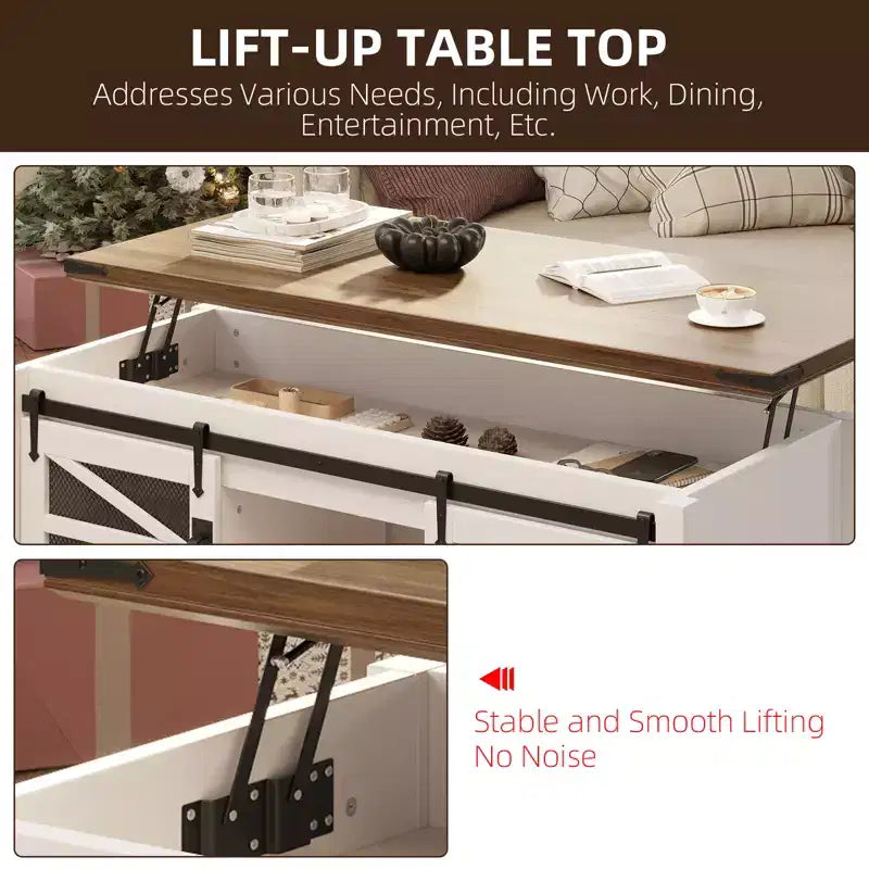 Table basse multifonctionnelle de style ferme avec plateau relevable, porte coulissante de grange, compartiment de rangement caché, table à manger convertible et étagère réglable