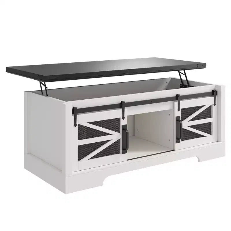 CuisinSmart Farmhouse Lift Top Multifunction Coffee Table, Sliding Barn Door, Hidden Storage Compartment, Convertible Dining Table Adjustable Shelf