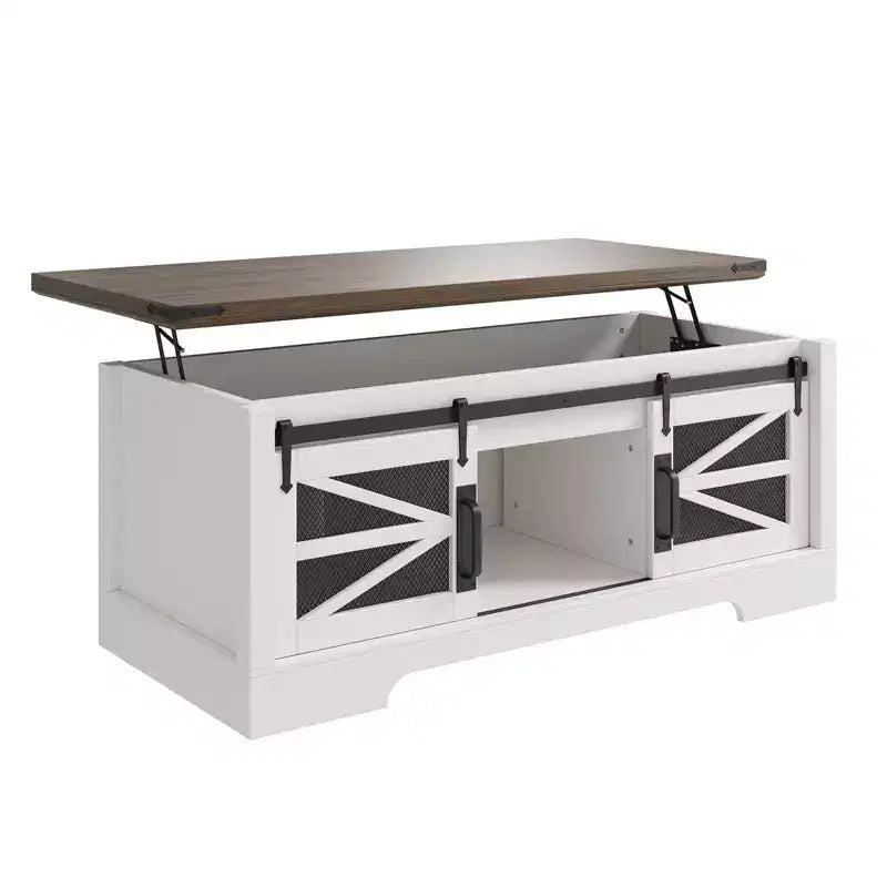 Table basse multifonctionnelle de style ferme avec plateau relevable, porte coulissante de grange, compartiment de rangement caché, table à manger convertible et étagère réglable