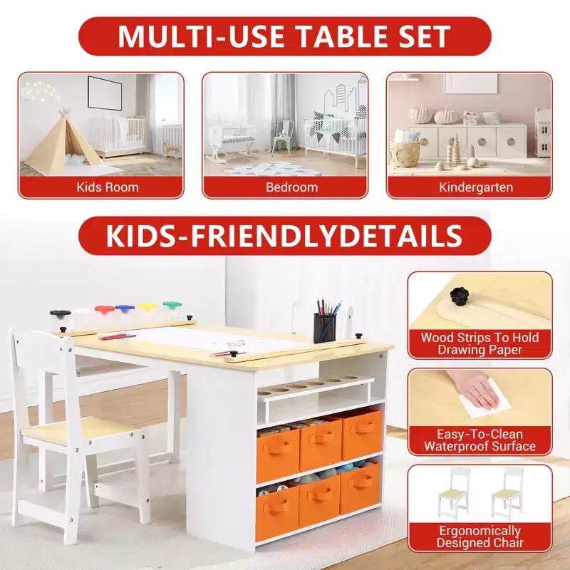 Ensemble table et tabouret d'art pour enfants, table d'activités en bois pour tout-petits avec bacs de rangement, bureau de dessin, artisanat pour enfants en bois