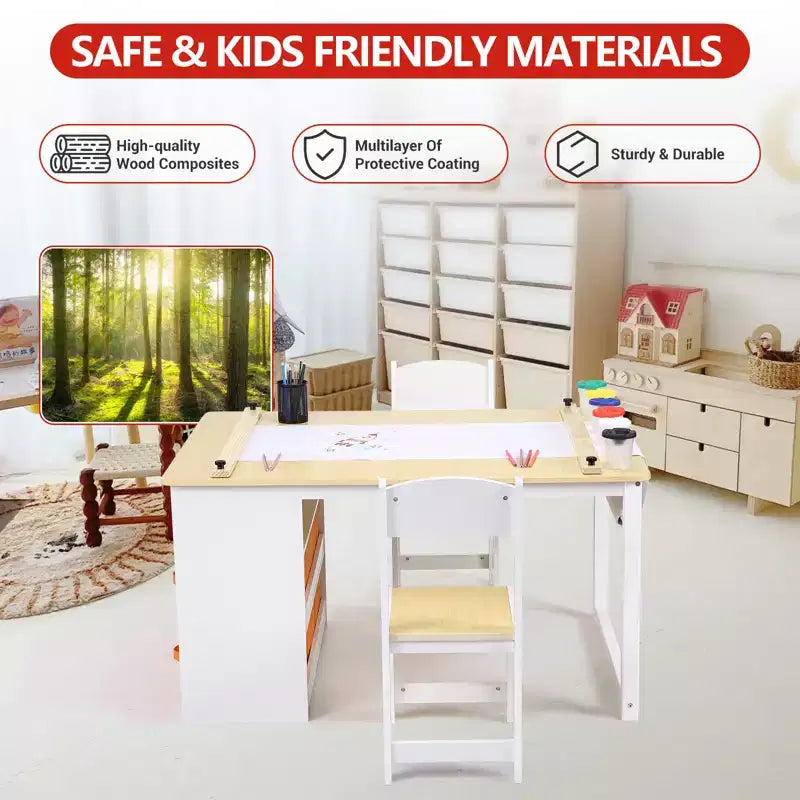 Ensemble table et tabouret d'art pour enfants, table d'activités en bois pour tout-petits avec bacs de rangement, bureau de dessin, artisanat pour enfants en bois