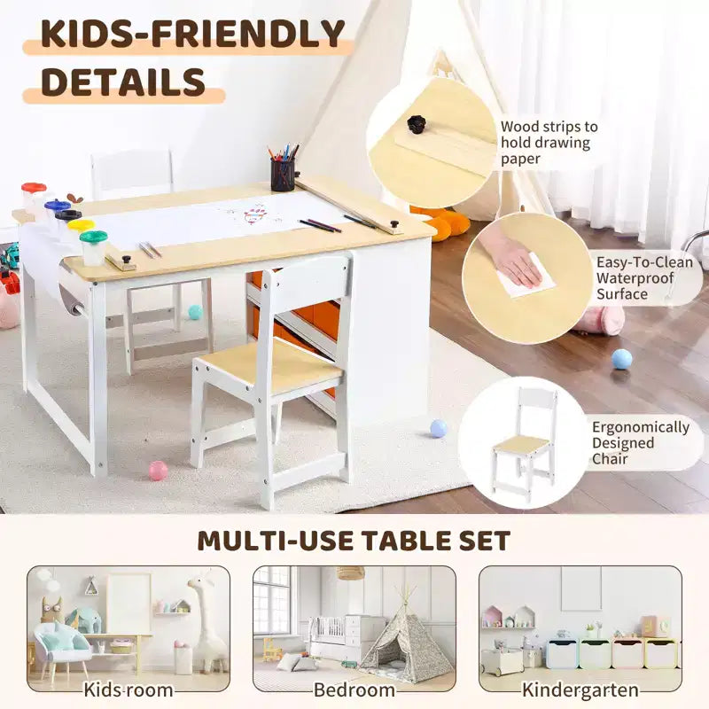 Ensemble table et tabouret d'art pour enfants, table d'activités en bois pour tout-petits avec bacs de rangement, bureau de dessin, artisanat pour enfants en bois