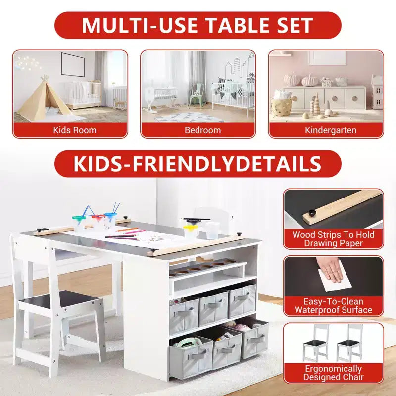 Ensemble table et tabouret d'art pour enfants, table d'activités en bois pour tout-petits avec bacs de rangement, bureau de dessin, artisanat pour enfants en bois