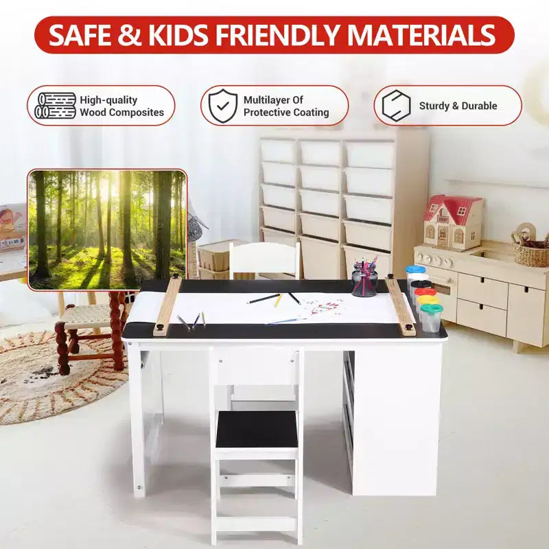 Ensemble table et tabouret d'art pour enfants, table d'activités en bois pour tout-petits avec bacs de rangement, bureau de dessin, artisanat pour enfants en bois