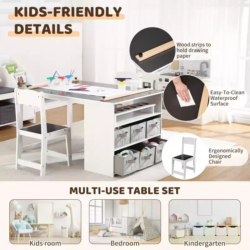 Ensemble table et tabouret d'art pour enfants, table d'activités en bois pour tout-petits avec bacs de rangement, bureau de dessin, artisanat pour enfants en bois