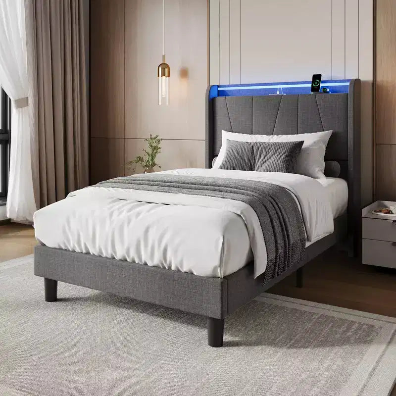 CuisinSmart Bed Frame with Headboard, Modern Fabric Upholstered Platform, No Box Spring Needed Bedframe, Noise Free, Easy Assembly
