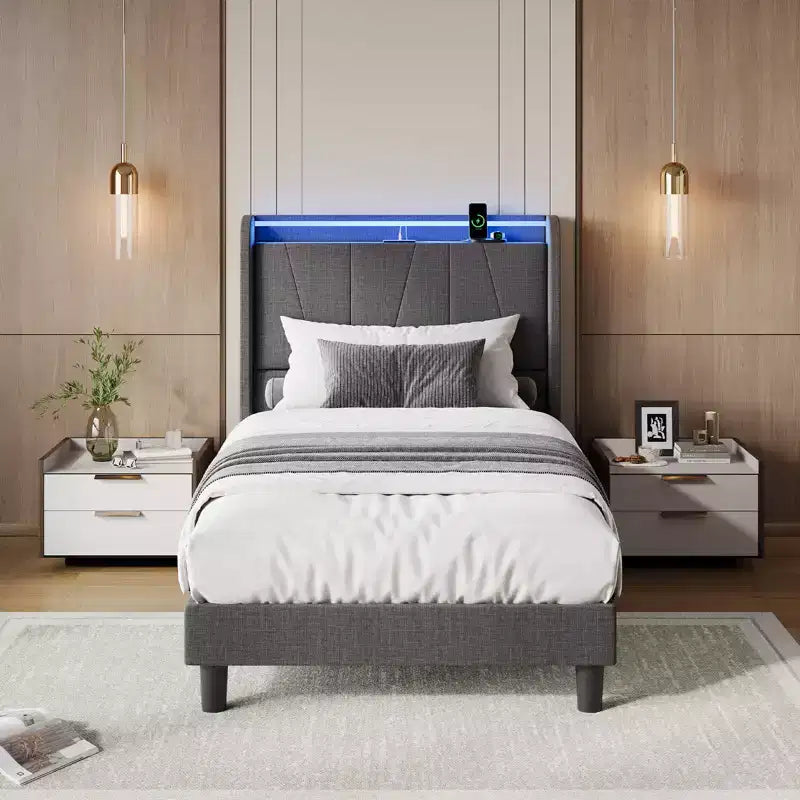 Lit avec tête de lit, plateforme moderne en tissu rembourré, sommier tapissier non requis, silencieux, montage facile
