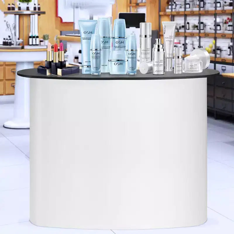 Comptoir de promotion portable pour salon professionnel, Stand d'exposition avec mur, Comptoir de bar pliable pour promotion de vente, Podium Pop Up, Blanc
