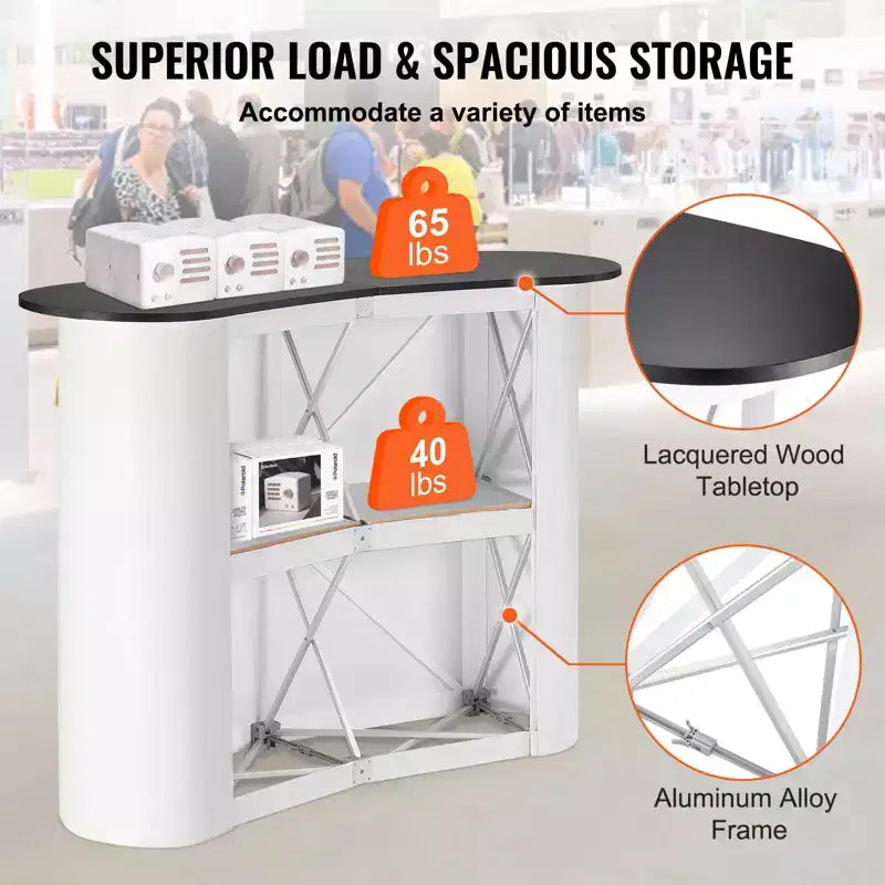 Comptoir de promotion portable pour salon professionnel, Stand d'exposition avec mur, Comptoir de bar pliable pour promotion de vente, Podium Pop Up, Blanc