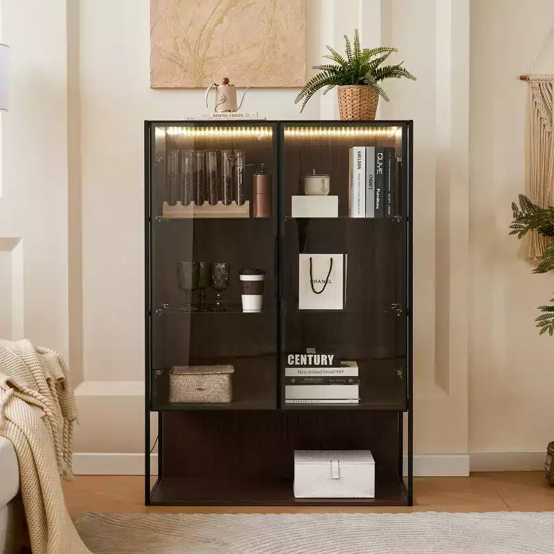 Vitrine haute éclairée de 130 cm avec porte en verre trempé, vitrine LED à cadre métallique