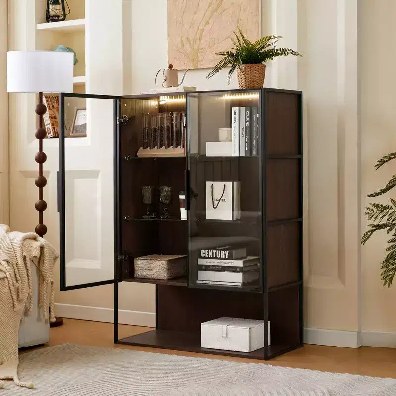 Vitrine haute éclairée de 130 cm avec porte en verre trempé, vitrine LED à cadre métallique