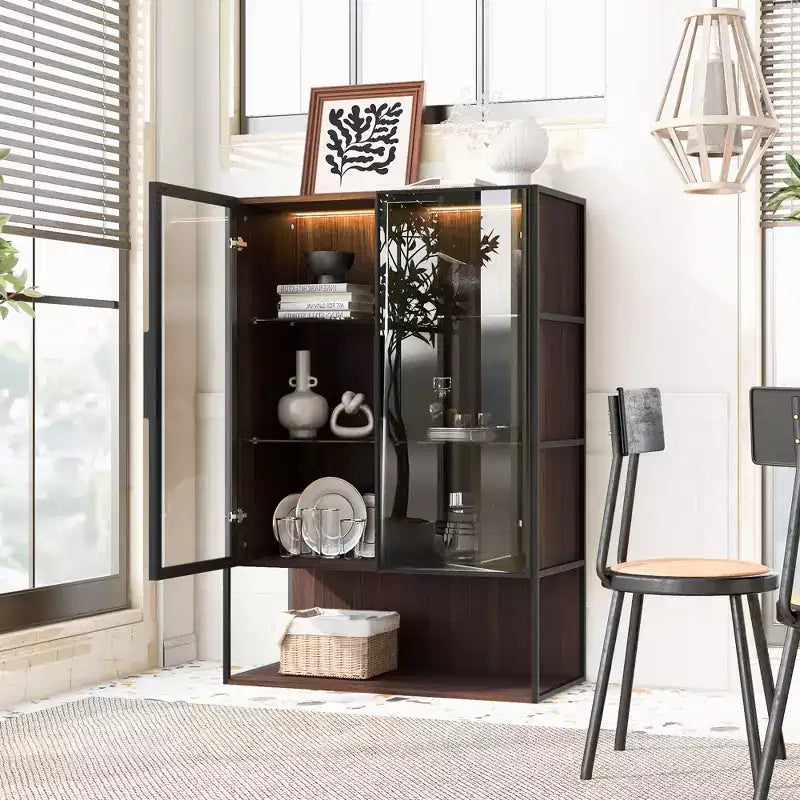 Vitrine haute éclairée de 130 cm avec porte en verre trempé, vitrine LED à cadre métallique
