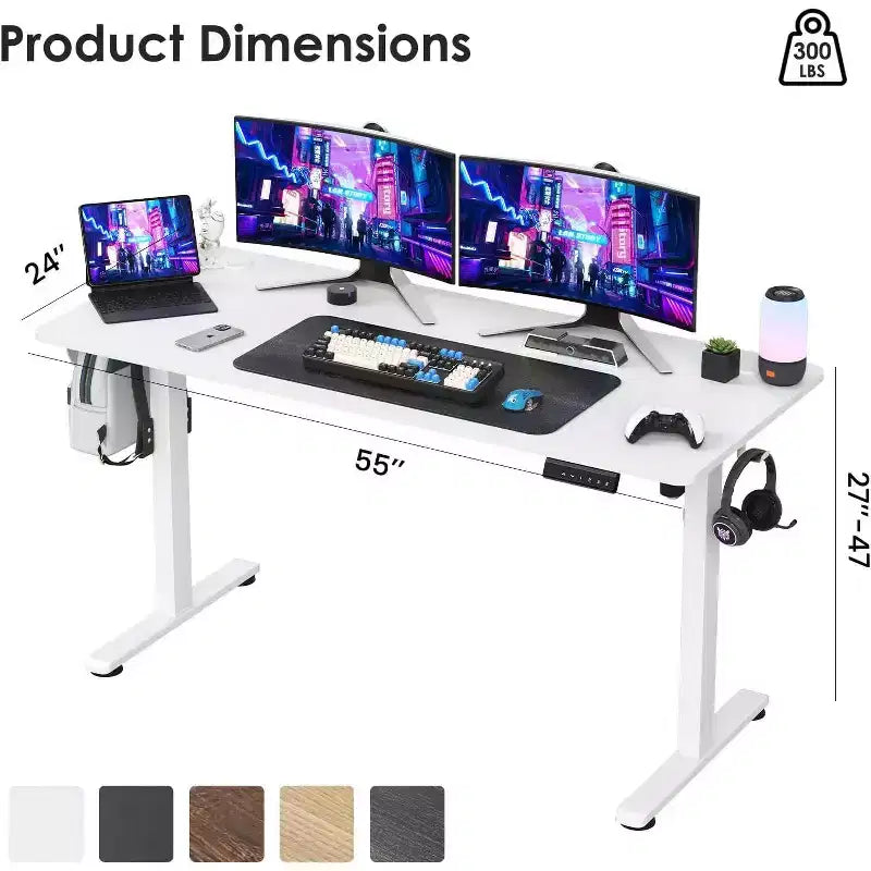 Bureau debout électrique 55 x 24 avec plateau blanc, réglable en hauteur, avec panneau d'épissure pour le télétravail