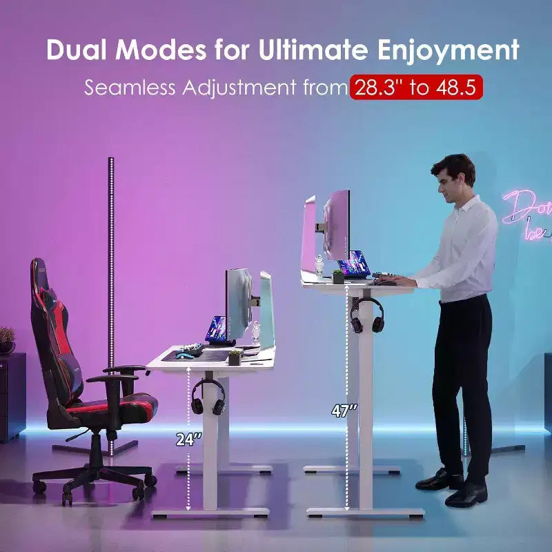 Bureau debout électrique 55 x 24 avec plateau blanc, réglable en hauteur, avec panneau d'épissure pour le télétravail