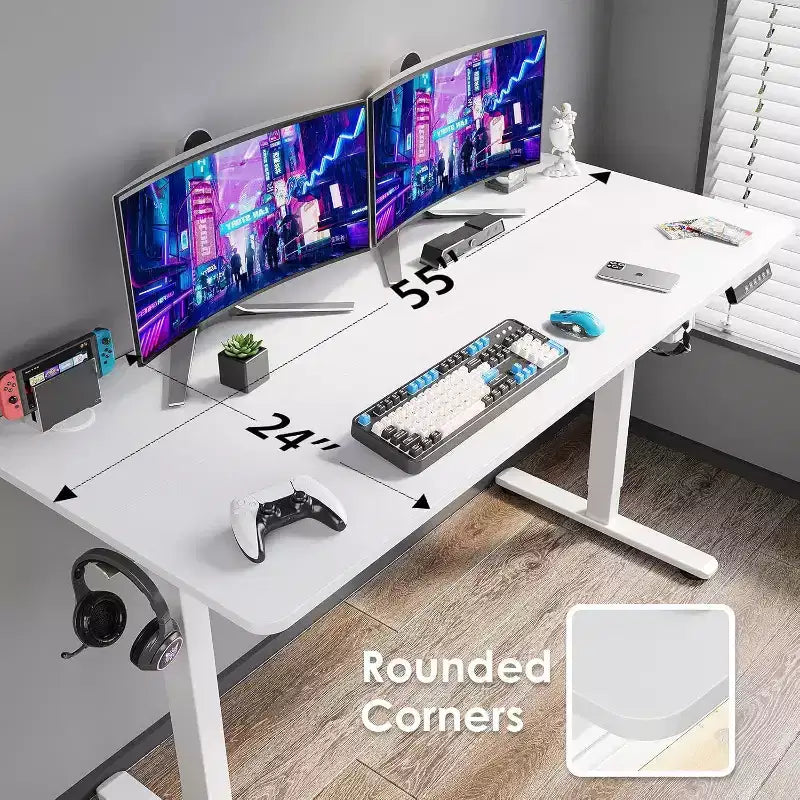 Bureau debout électrique 55 x 24 avec plateau blanc, réglable en hauteur, avec panneau d'épissure pour le télétravail