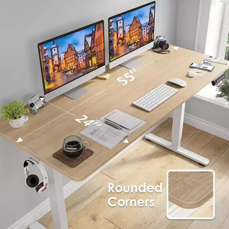Bureau Debout Électrique 55 x 24 avec Plateau Nature, Bureau d'Ordinateur à Hauteur Réglable, Bureau de Télétravail/Domicile avec Panneau d'Épissure