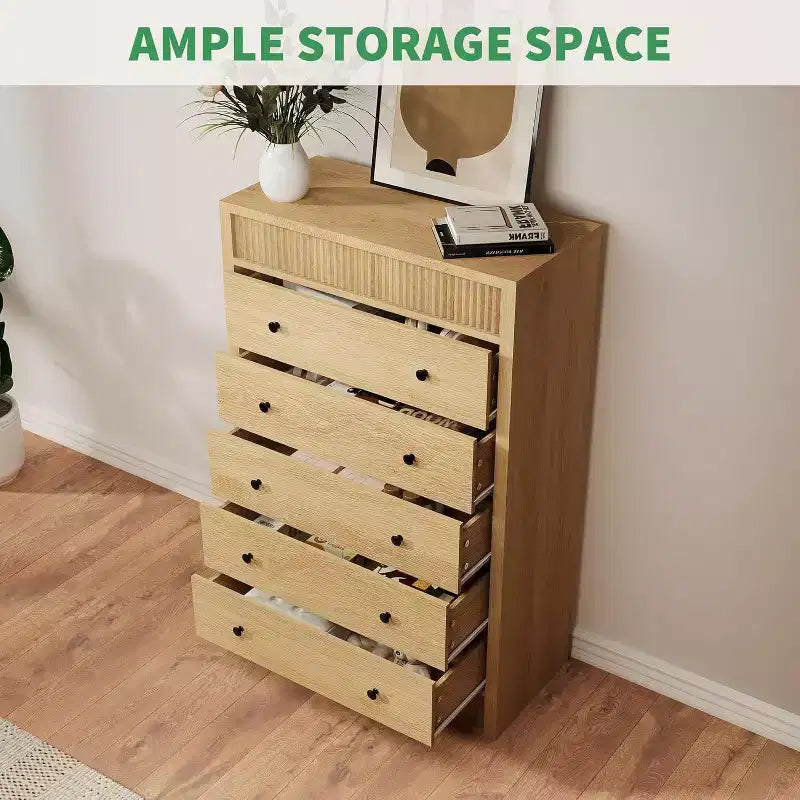 Commode 5 tiroirs cannelée de 80 cm avec dispositif anti-basculement - Rangement Chêne Naturel pour Chambre et Salon