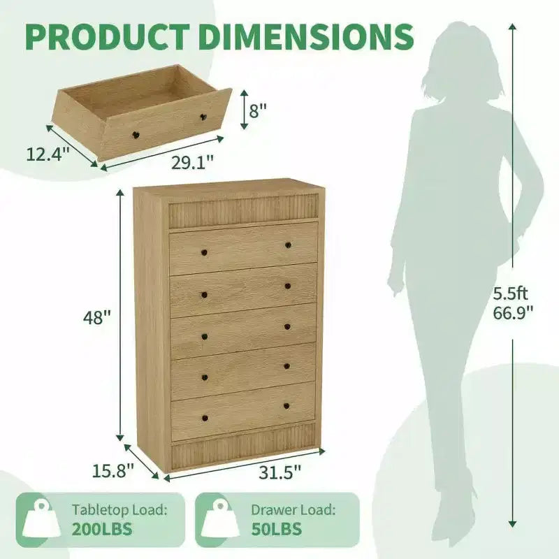 Commode 5 tiroirs cannelée de 80 cm avec dispositif anti-basculement - Rangement Chêne Naturel pour Chambre et Salon