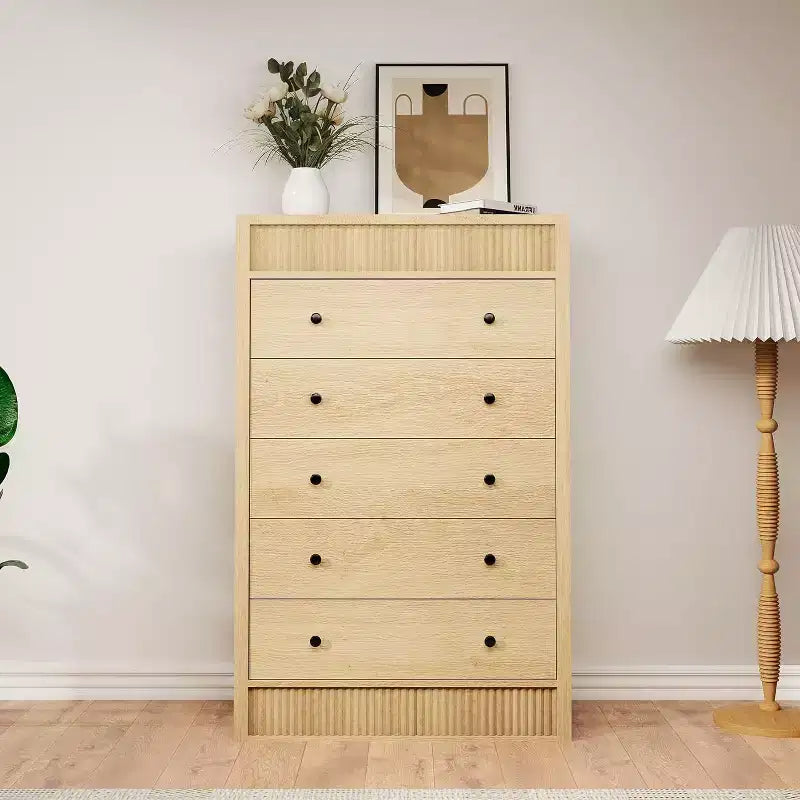 Commode 5 tiroirs cannelée de 80 cm avec dispositif anti-basculement - Rangement Chêne Naturel pour Chambre et Salon