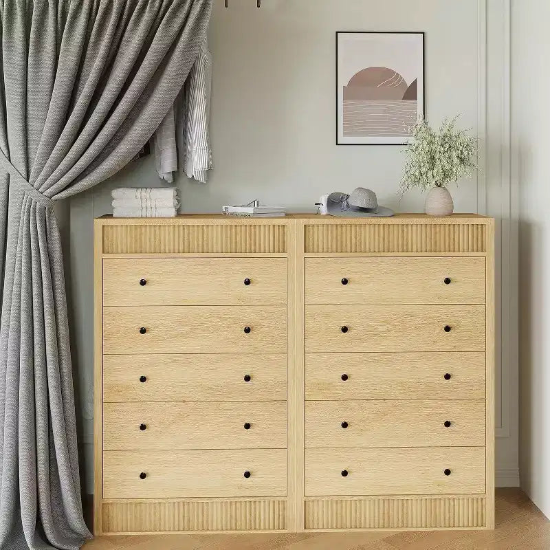 Commode 5 tiroirs cannelée de 80 cm avec dispositif anti-basculement - Rangement Chêne Naturel pour Chambre et Salon