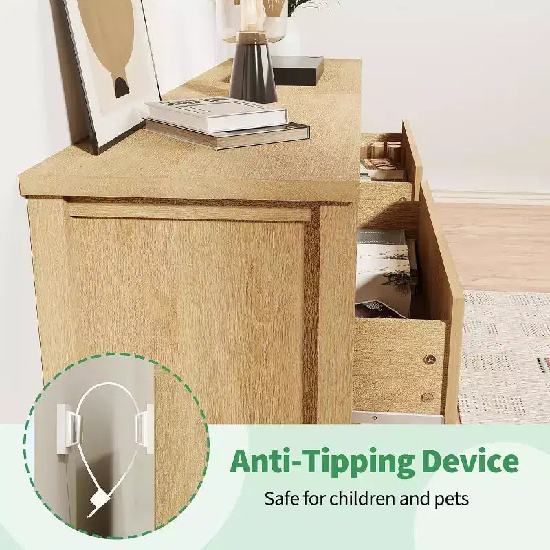 Commode 5 tiroirs cannelée de 80 cm avec dispositif anti-basculement - Rangement Chêne Naturel pour Chambre et Salon